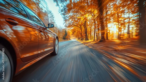 Obraz car on the road in the autumn forest. speed motion blur effect