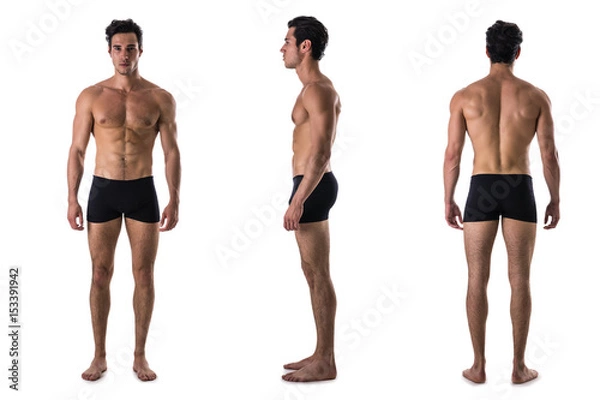 Fototapeta Triple view of shirtless bodybuilder: back, front, side