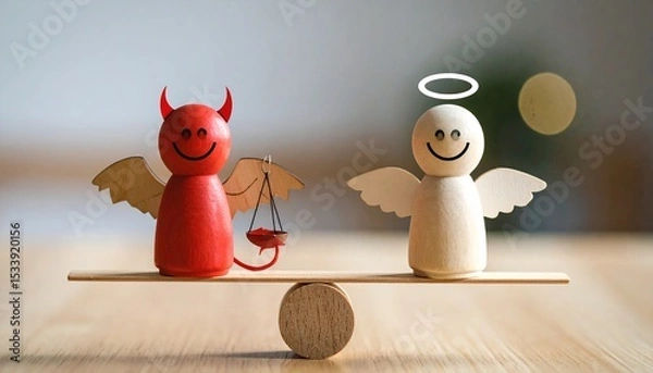 Fototapeta Devil and angel figures balanced on a scale, symbolizing the struggle between good and evil