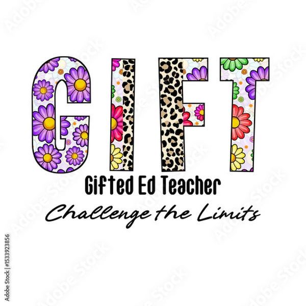 Fototapeta Colorful Gift Word Art with Flowers and Leopard Print Design