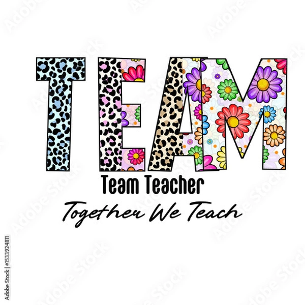 Fototapeta Colorful Team Design with Leopard Print and Flowers - Graphic Design for Apparel