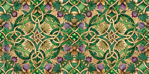 Fototapeta Intricate green and gold floral pattern with intertwining vines and leaves.