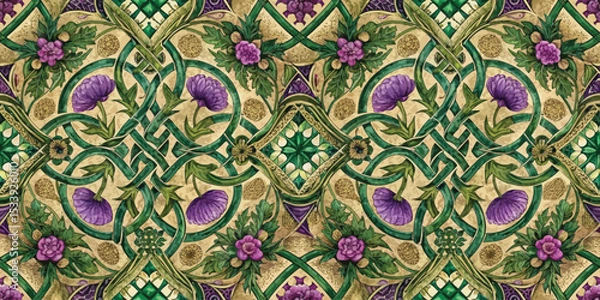 Fototapeta Intricate floral pattern with purple blooms and green vines on a golden background.