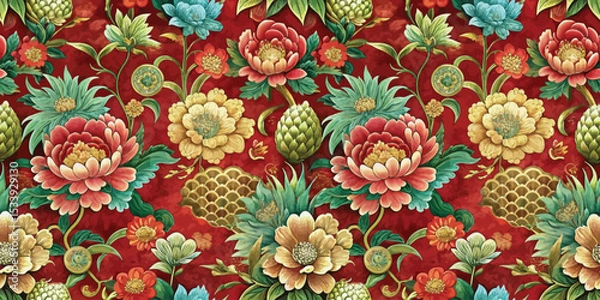 Fototapeta Vibrant floral pattern with intricate details on a rich red background.