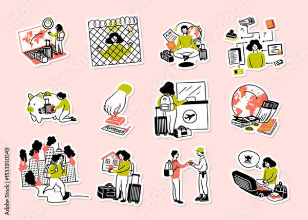 Fototapeta Cartoon Color Migration Stories Concept Different Scenes Sticker Set Flat Design Style. Vector illustration of Choosing Country for Moving