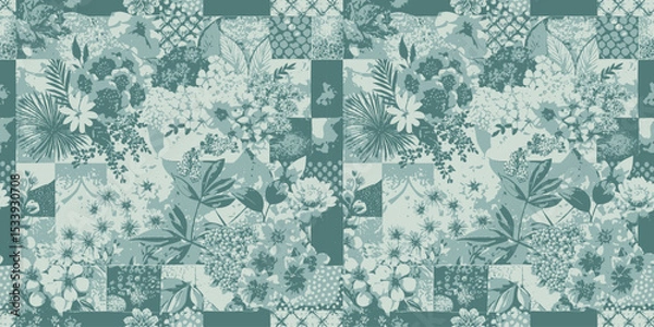 Fototapeta Intricate teal floral pattern showcasing various botanical elements and textures.
