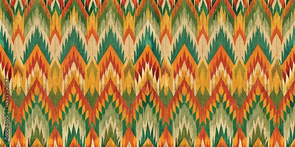 Fototapeta Vibrant zigzag pattern with shades of green, orange, and gold.