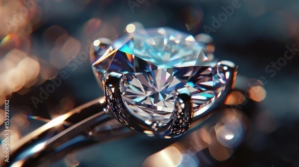 Fototapeta Exquisitely cut and polished diamond sparkles in the light, set in a simple yet elegant platinum band.