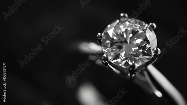 Fototapeta Close-up of a beautiful diamond ring on a black background. The diamond is round and brilliant-cut, and it sparkles in the light.