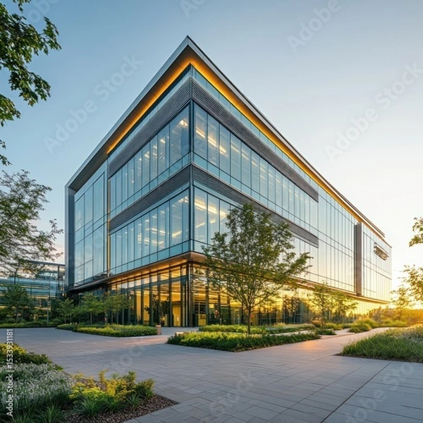 Obraz Modern Glass Office Building at Sunset