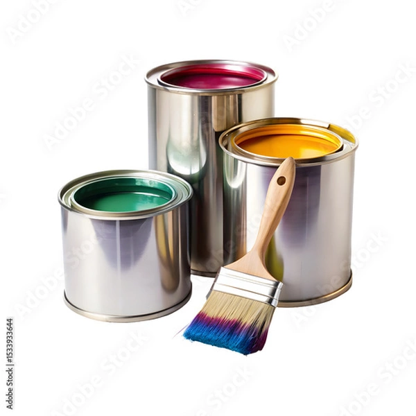 Obraz Open paint buckets, can tin with brush isolated on a transparent background