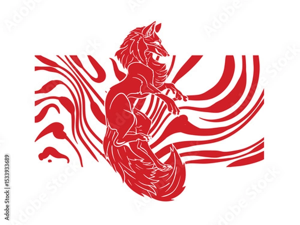 Fototapeta Red fox illustration with japanese style for kaijune event

