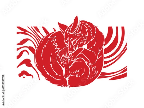 Fototapeta Red fox illustration with japanese style for kaijune event
