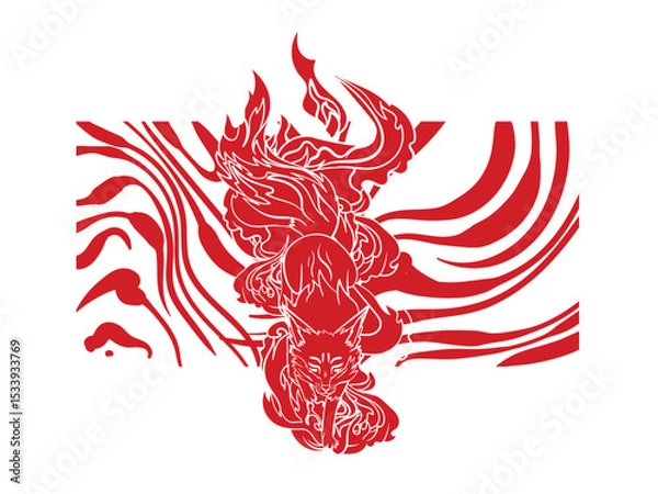 Fototapeta Red fox illustration with japanese style for kaijune event
