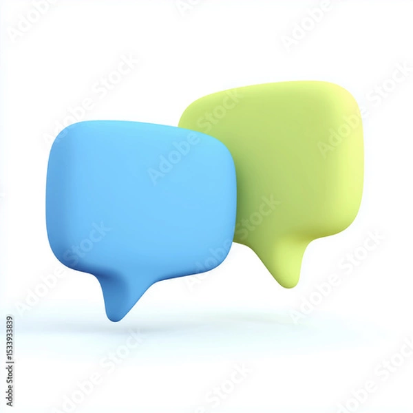 Fototapeta Colorful chat bubbles in blue and green floating on white background symbolizing communication and messaging concepts for digital conversation and social interaction.