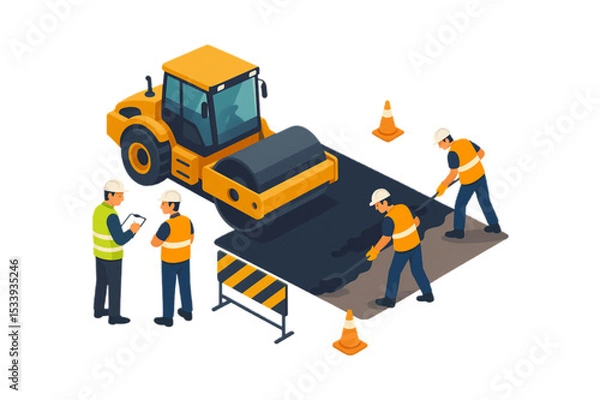 Obraz Road construction workers paving new asphalt using a steamroller road roller during a highway project illustrating teamwork and infrastructure development
