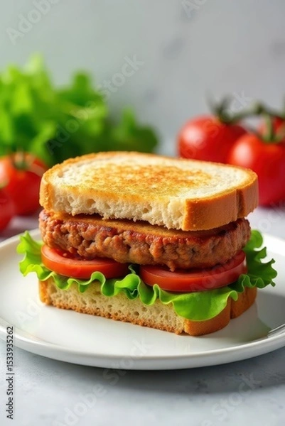 Obraz Delicate royal sandwich placed on a elegant white background with fresh greens and juicy tomatoes, sandwich, fresh