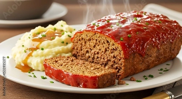 Fototapeta steaming hot, home-style meatloaf with a savory red glaze, sliced and served as a traditional, comforting dinner alongside creamy mashed potatoes and gravy