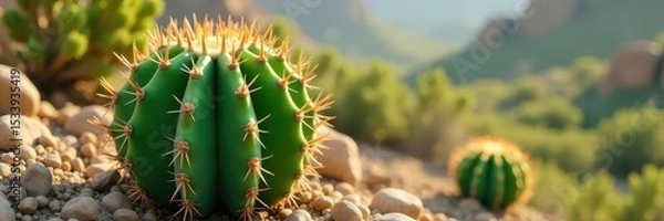 Obraz Emerald green cactus, long menacing thorns, arid landscape, cactus, summer
