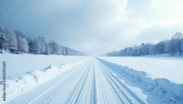 Obraz Empty snow road vanishing into snowy horizon, minimalist winter scene, white landscape, peaceful, minimal