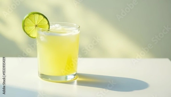 Obraz Glass filled with pale yellow liquid and lime wedge atop a white surface , citrus, drink