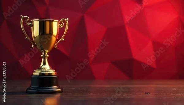 Obraz Golden trophy gleams on dark wood, vibrant red, white polygonal mosaic backdrop , gold, reflective