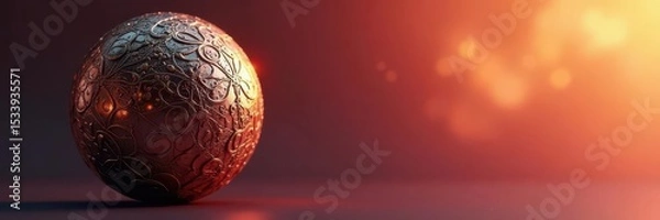 Obraz Metallic sphere with intricate patterns against a warm gradient background, texture, abstract art,
