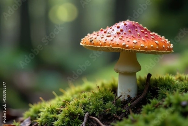 Obraz Large Macrolepiota procera mushroom grows on mossy forest ground with epiphytic lichen, lichen, ecology