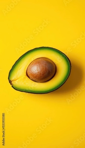 Obraz Ripe avocado halved on vibrant yellow background, vegan, mineral, smooth