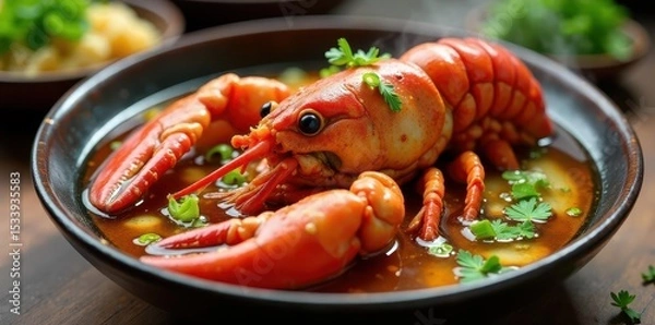 Obraz Steaming hot braised lobster in a savory ginger scallion broth, seafood soup, lobster, scallions