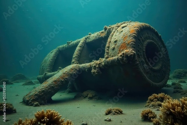 Obraz Sunken, barnacle-encrusted remains partially submerged in murky water, exploration, still