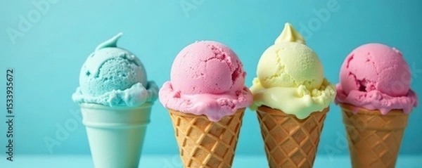 Obraz Vibrant ice cream scoops in crispy waffle cones against a blue backdrop , picture, summer food, food