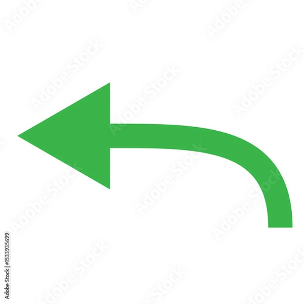 Fototapeta Green curved arrow pointing left with return direction on white background, simple icon design for navigation and user interface elements