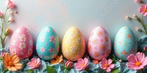 Obraz Vibrant pastel Easter eggs, floral patterns, intricate designs , nature, colorful background