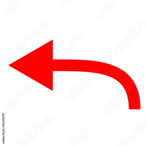 Fototapeta Red curved arrow pointing left with return direction on white background, simple icon design for navigation and user interface elements