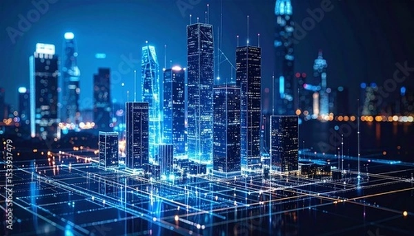 Fototapeta Abstract digital city background with glowing lights and futuristic structures