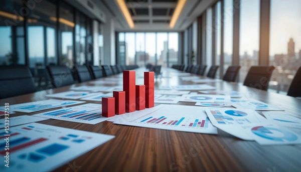 Fototapeta Rising Bar Graph on Conference Table with Business Reports – Corporate Growth and Financial Success Concept