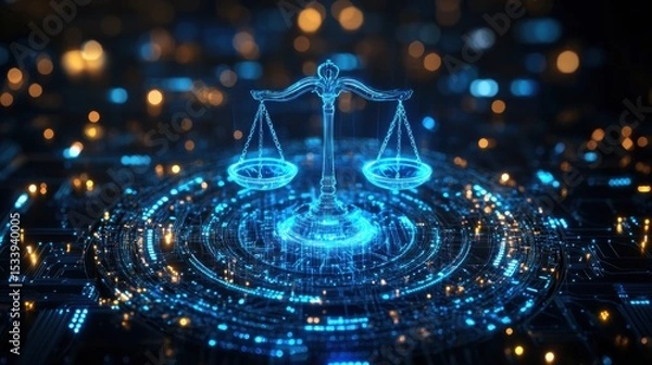 Fototapeta Digital justice scales of law in a technological landscape virtual environment 3d render
