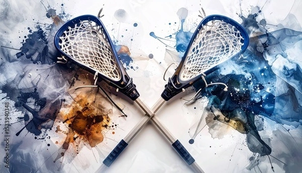 Fototapeta Crossed lacrosse sticks with dynamic ink splashes on a white background