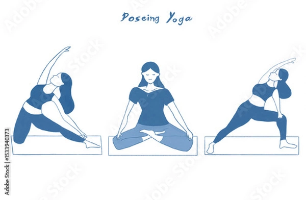 Obraz マットの上でヨガをする手書き風イラスト、女性のヨガポーズのセット、ヨガをする女性たち