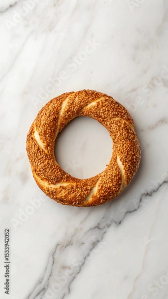 Fototapeta A delicious freshly baked turkish simit bread ring with sesame seeds on marble