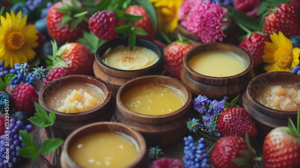 Fototapeta Colorful assortment of natural jams and spreads in wooden bowls surrounded by fresh fruits and flowers