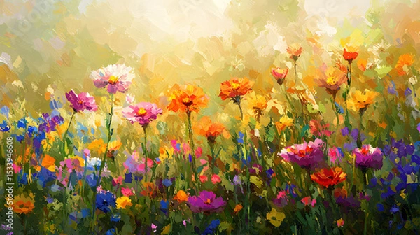 Obraz Digital oil painting of lush blooming summer meadow with colorful wildflowers