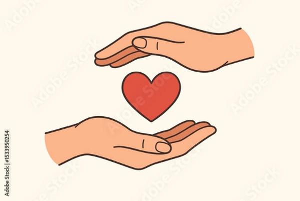 Fototapeta Caring hands protecting a red heart. Concept of love, charity, health, and support. Vector illustration for donation, volunteering, insurance, and cardiology. Simple flat design.