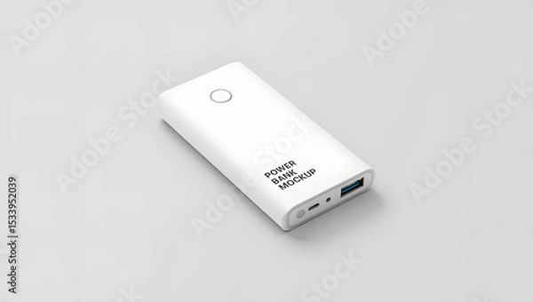 Fototapeta A sleek white power bank mockup rests on a minimalist gray surface, isolated on white background