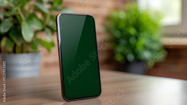 Fototapeta Smartphone mock up with blank screen on wooden table surrounded by greenery and natural light