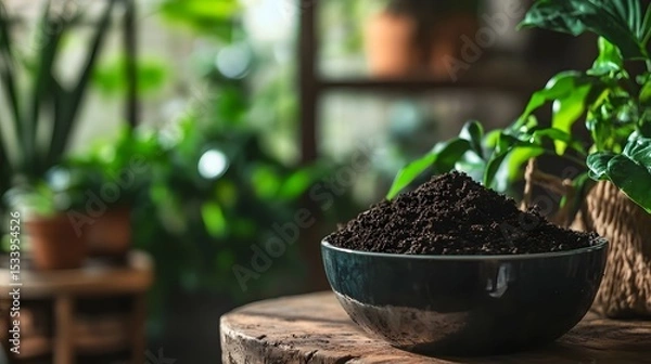 Fototapeta Coffee grounds used as natural plant fertilizer in an indoor setting