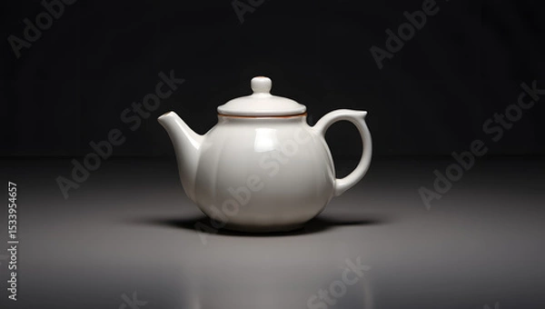 Fototapeta A pristine white teapot, poised elegantly on a dark reflective surface, awaits the warmth of brewing tea