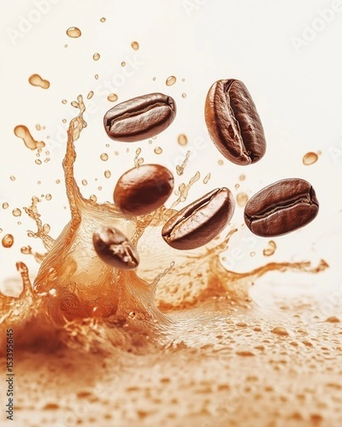 Fototapeta Flying Coffee Beans with Dynamic Splash and Foam in High-Speed Macro Close-Up on Light Background.