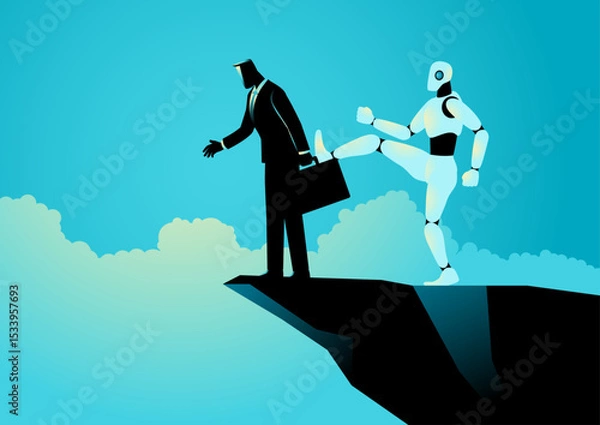 Obraz Artificial Intelligence Replacing Human Roles, symbolized by a robot kicking a businessman into a ravine.